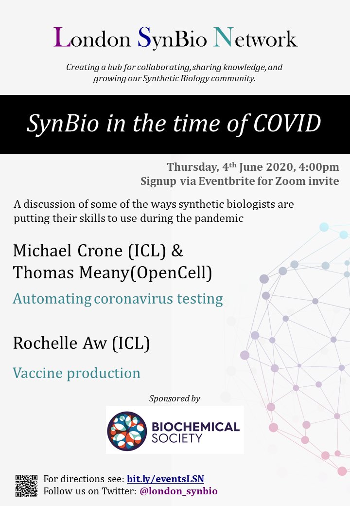 london_synbio's tweet photo. We are putting on our first online event (4th June 4pm)

We're very fortunate to have @tomopencell, @aw_rochelle and @M_Crone discussing how they're putting their skills to use during the #COVID pandemic

Sign up at https://t.co/uQdgkHW7h0

Sponsored by @BiochemSoc https://t.co/96gttesryR