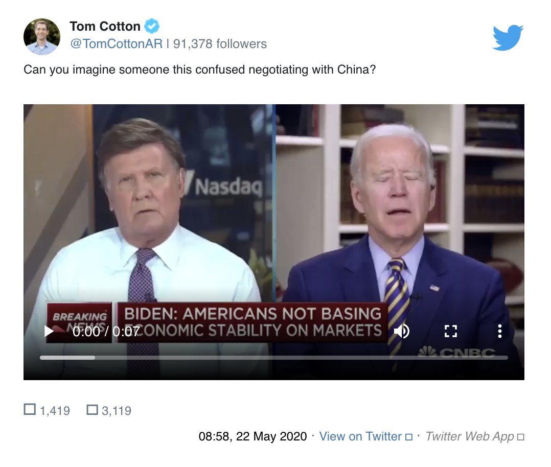 Tom Cotton deleted the tweet above, in which he posted a video with a dishonest 8 second edit of Biden's interview.