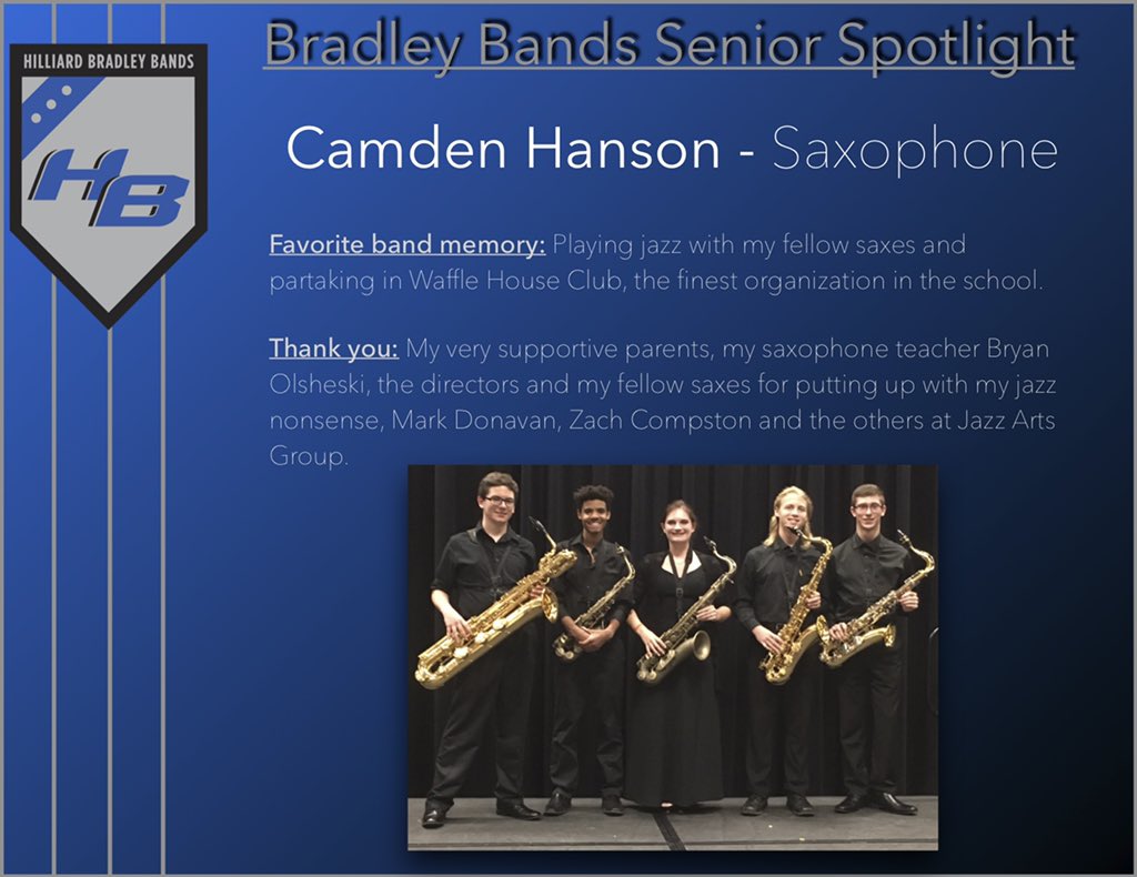 BradleyBands's tweet photo. Over the next few weeks, we will recognize our senior band members. This class has made some WONDERFUL music and even better memories over the last 4 years, and we will miss them greatly. Next up - Camden Hanson! https://t.co/OlCNjTBpFN
