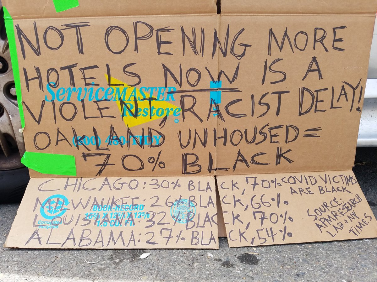 Not opening more hotels now is a violent racist delay! Oakland unhoused = 70% BlackCOVID victims are disproportionately Black.  #HousingIsaHumanRight