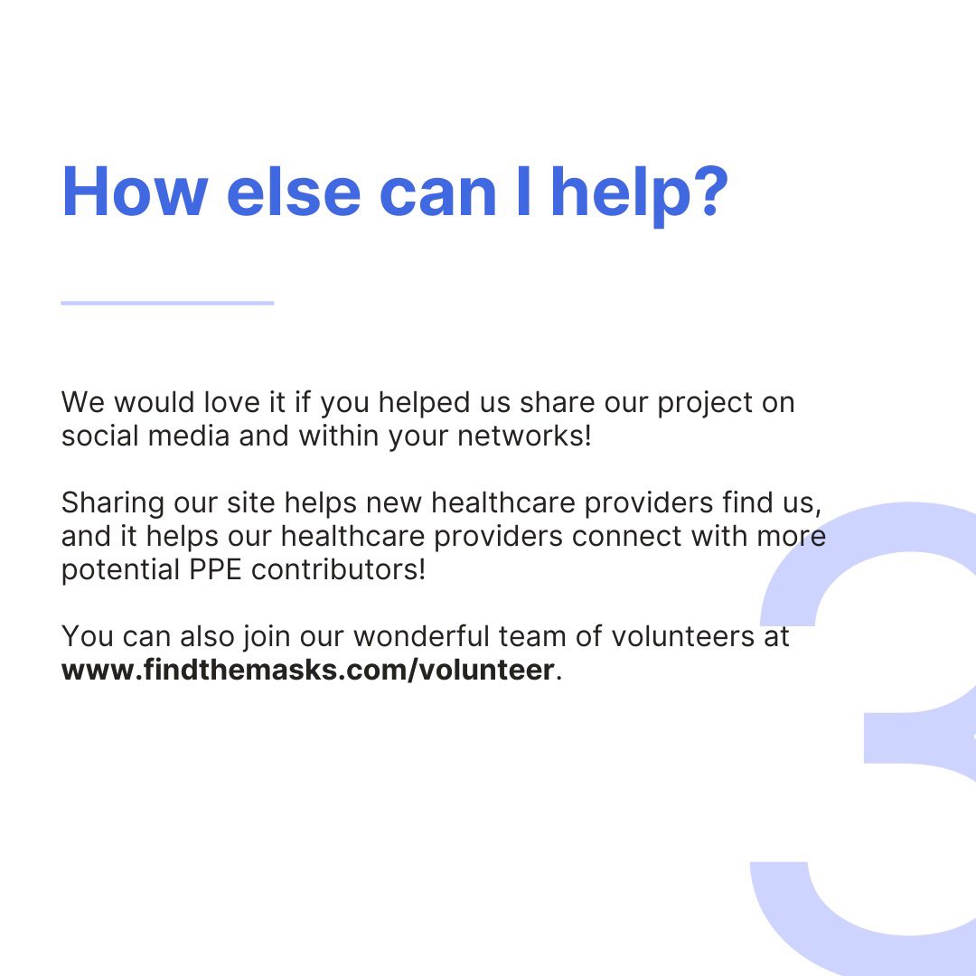 This #FAQ Friday, here are answering some more questions from donors! Check them out:

✨ Can I mail in #masks?
✨ Need logistics help or compensation to #donate 500+ items of #PPE?
✨ How else can I help?

If you’re curious check out our FAQ page on findthemasks.com/faq