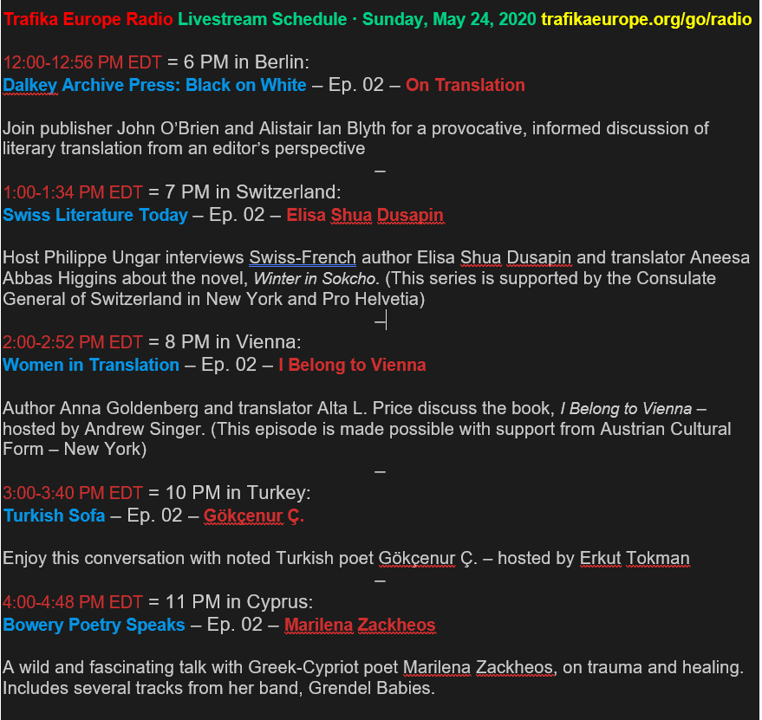 Trafika Europe Enjoy 5 New Lit Episodes This Sun24may W Alistair Blyth Swiss Fr Elisa Shua Dusapin Translator Aneesa Higgins Austrian Anna Goldenberg Translator Alta Price Turkish Poet Gokcenur C Greek Cypriot