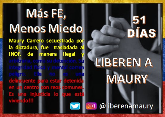 tiafatimasaleh's tweet photo. MAURY CARRERO
Contador
1 de las 26 Mujeres ♀️ #PresasPoliticas d 🇻🇪
Detenida:02/04/2020
Recluida: DGCIM
Maury lleva #51Dias presa injustamente y trasladada al INOF el #15Mayo su familiares y abogados no han tenido comunicación con ella. #DDHH
#Covid_19 🦠
#LiberenAMaury https://t.co/hJ3phukaE5