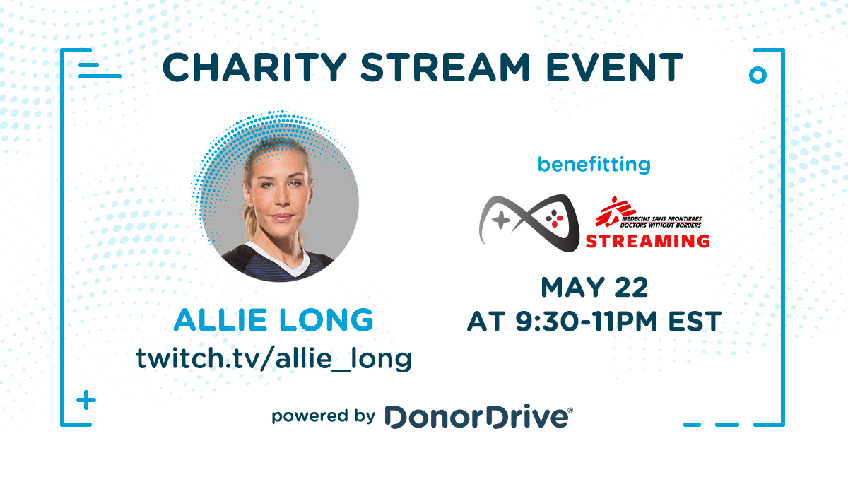 DonorDrive's tweet photo. Tonight @ALLIE_LONG isn't playing for @NWSL or @OLReign she's playing for @MSF_USA! Catch her #LiveStreamtoSaveLives on @Twitch to raise funds to provide lifesaving medicine worldwide during #COVIDใผ19. https://t.co/cf4osc4jfU https://t.co/mTa8l2104l