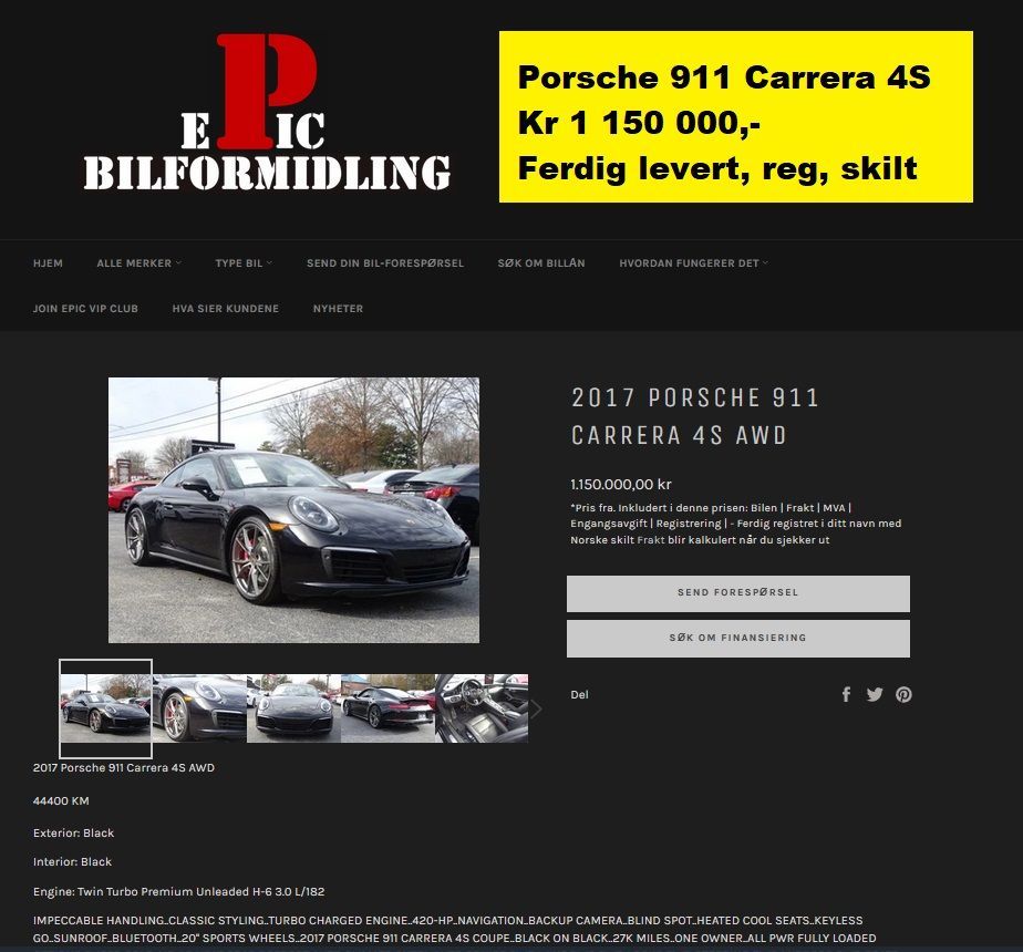 bilformidling's tweet image. 2017 Porsche 911 Carrera 4S 
Kr 1 150 000 ferdig levert. Levering i Bærum eller Stryn på vårt bilsenter.
Kontakt oss eller email oss på epicbilformidling@gmail.com
buff.ly/3e9TgdA