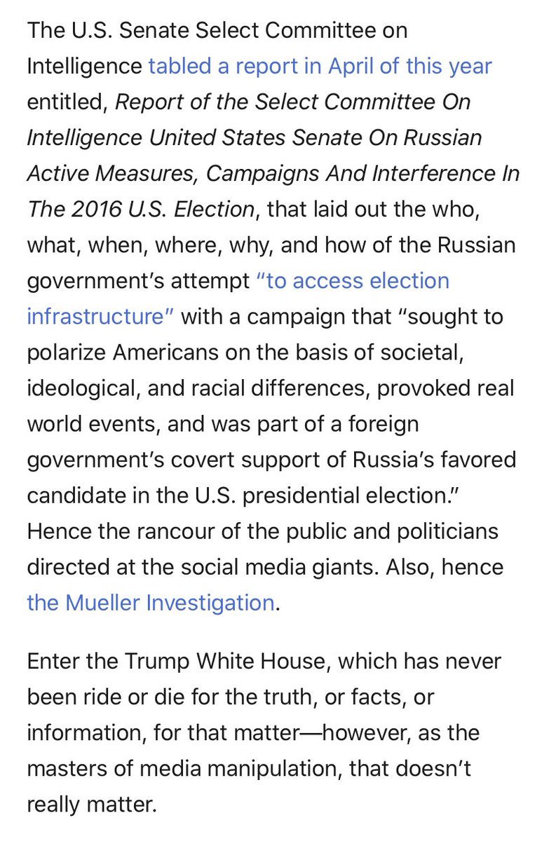 Ok I’m back. This is a good report by the US Senate in that it lays out how Russia interferes in the US elections. It came out last month but didn’t get much play because  #COVID https://www.intelligence.senate.gov/publications/report-select-committee-intelligence-united-states-senate-russian-active-measures  #cdnpoli  #cdnmedia