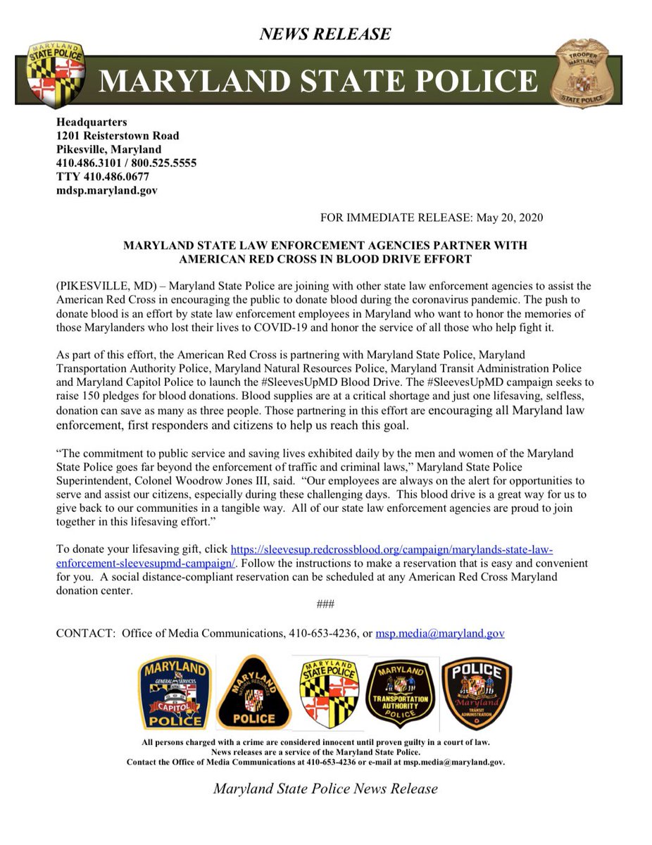 MARYLAND STATE LAW ENFORCEMENT AGENCIES PARTNER WITH AMERICAN RED CROSS IN BLOOD DRIVE EFFORT