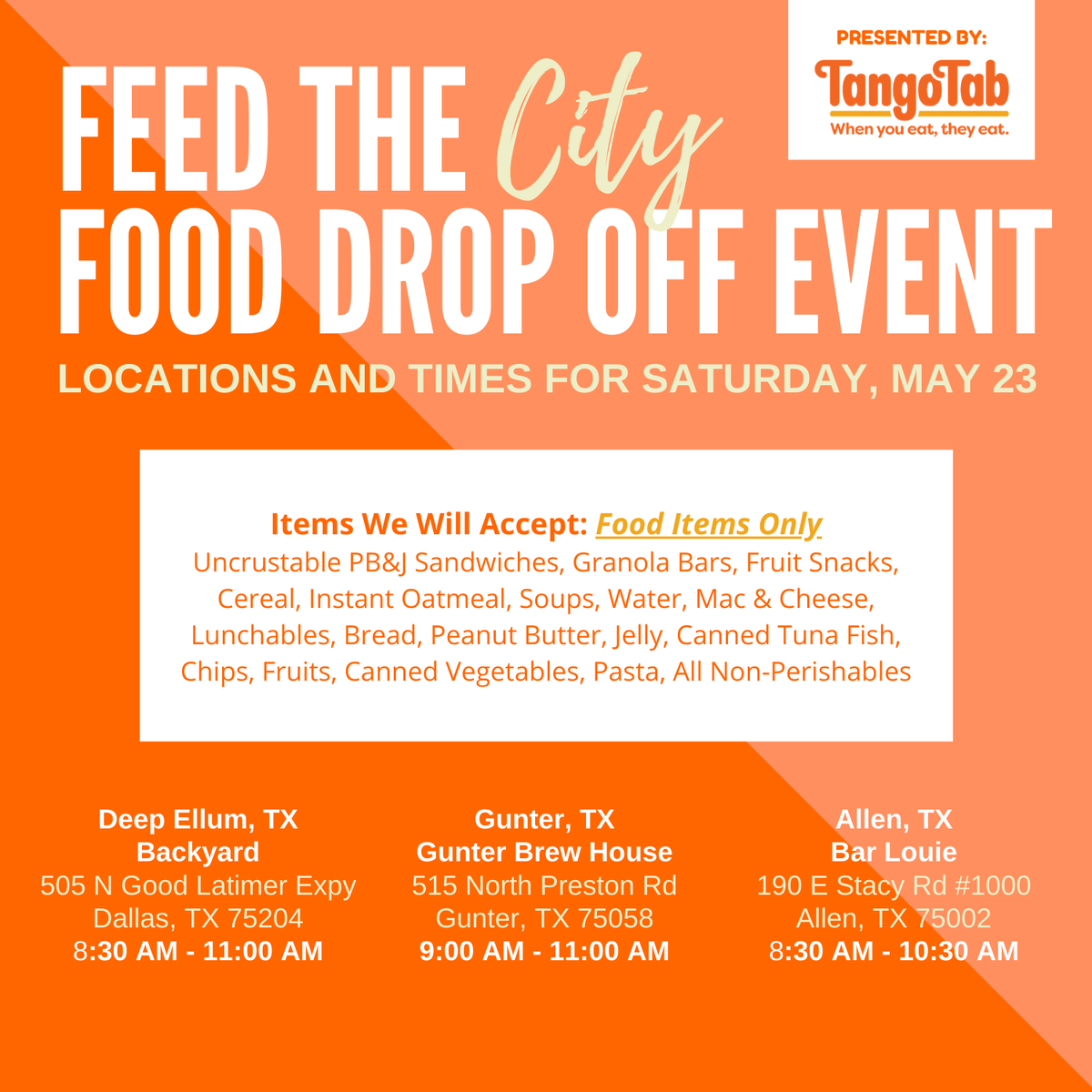 Not only is Feed The City back this weekend, but we are also hosting THREE drop off events.