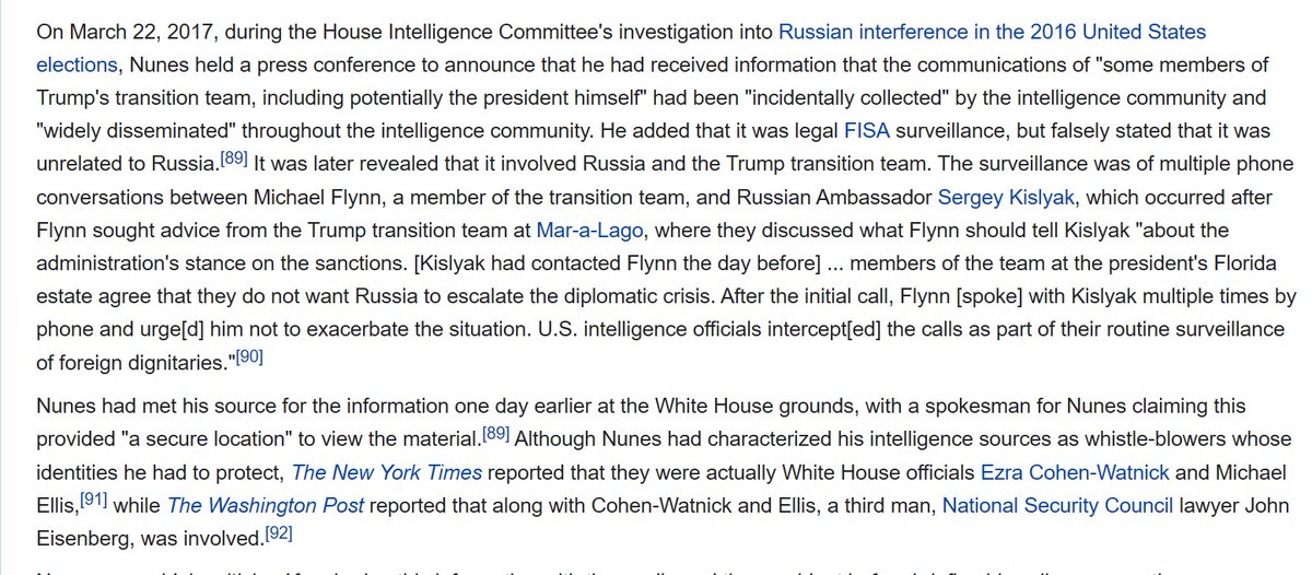 ADDENDUM: OK, let's break it down. Here's what's currently up on Nunes' Wiki page. The editors there are **claiming** Nunes was shown the Flynn/Kislyak phone call intercepts, & Nunes **lied** when he said the unmasked intercepts he was shown had nothing to do with Russia.