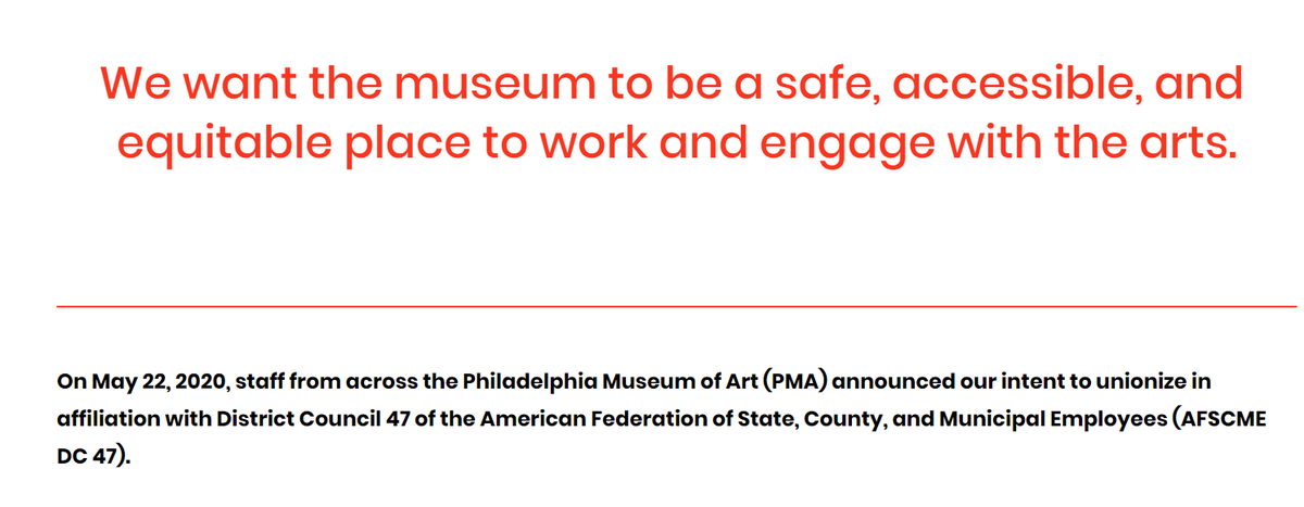 The PMA should be a safe, accessible, equitable home for the arts in Philly. Today, a super majority of workers across the entire Philadelphia Museum of Art filed to unionize with <a href="/afscmeDC47/">District Council 47</a>. Read more: pmaunion.com