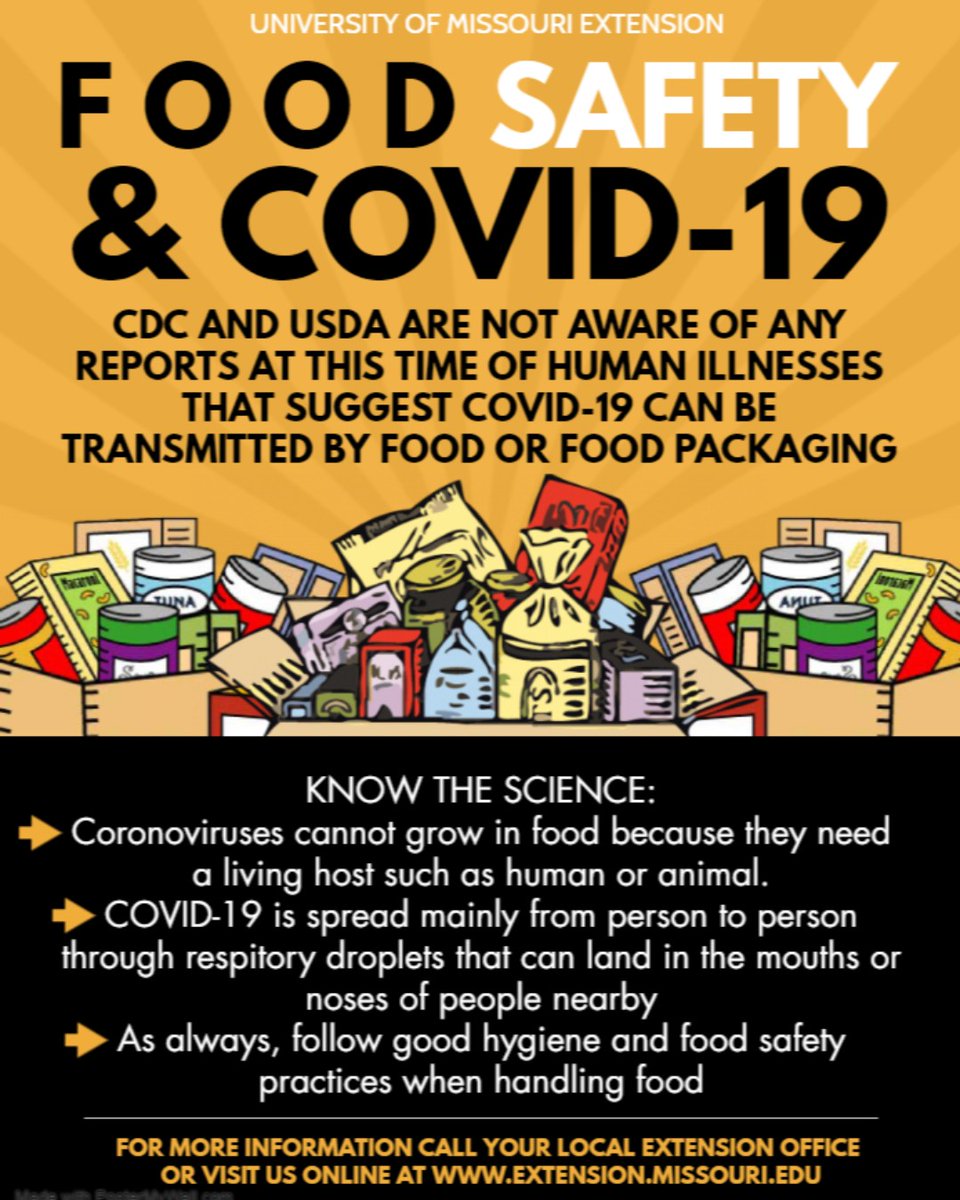 CDC and UDSA are not aware of any reports at this time of human illness that suggest COVID-19 can be transmitted by food or food packaging.

#FoodSafety #Committed2MOFamilies #ExtendMU