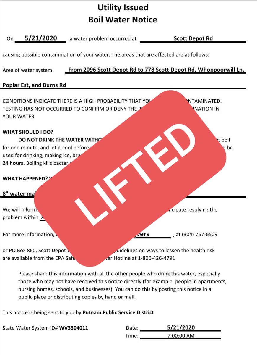 PutnamPSD's tweet photo. The boil water notification has been lifted. https://t.co/KfRSV1gaTN
