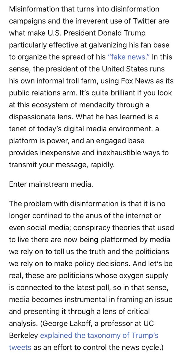 My critique of MSM is this: they are happy to show us all Trump all the time because ratings, clicks and views however in doing so they are just transcribing his POV instead of challenging his messaging for validity and veracity. This legitimizes his message  #cdnpoli  #cdnmedia