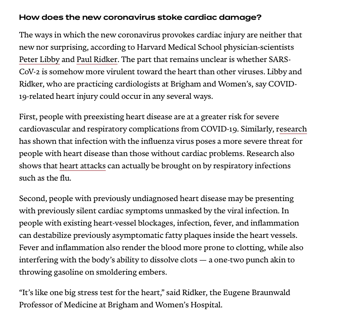 ... in fact, the virus that causes COVID attacks the heart more than any other virus. Below is an excerpt of a Harvard article about the coronary effects of COVID. Whole article is here:  https://news.harvard.edu/gazette/story/2020/04/covid-19s-consequences-for-the-heart/