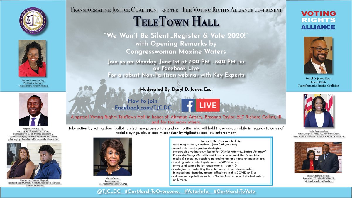 TJC_DC's tweet photo. @RepMaxineWaters (D-CA 43rd) to give opening remarks at the Transformative Justice Coalition's June 1st Facebook Live TeleTown Hall on "We Won't Be Silent...Register & Vote 2020!" June 1, 2020, 7:00 PM - 8:30 PM EDT
See the Facebook Event for more info: https://t.co/yNkkdtzzne https://t.co/o7VpDAuHOo