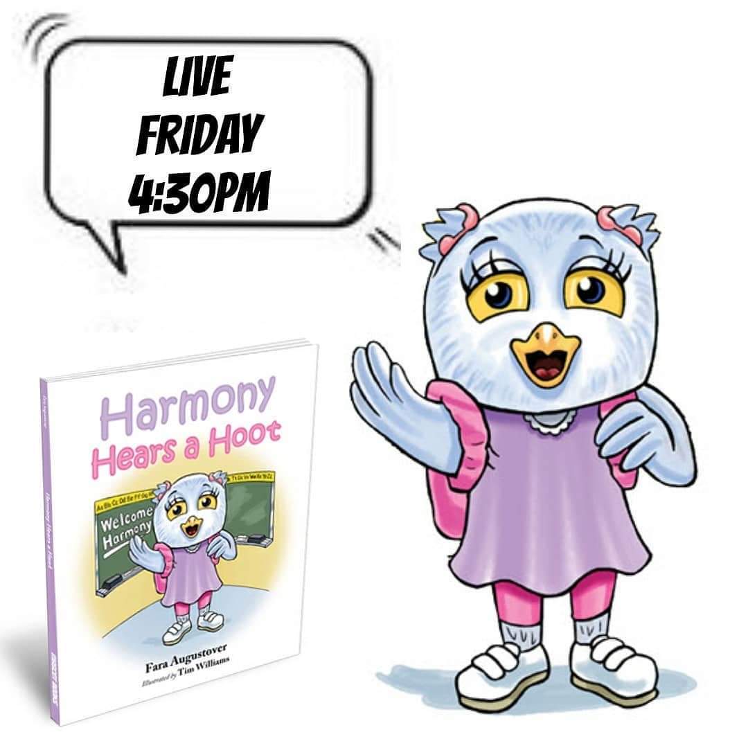 TODAY at 4:30pm EST, Fara will be reading her children's book "Harmony Hears a Hoot" LIVE on Facebook and Instagram! Purchase your copy now on Amazon or an ebook at harmonyhearsahoot.com. Hoot!  #mayisbhsm #BHSMContest #harmonyhearsahoot @timwilliamsart