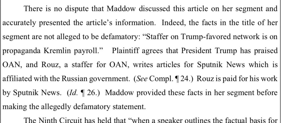 OAN loses its defamation lawsuit against Rachel Maddow, will wind up paying her attorneys' fees.  https://www.courtlistener.com/recap/gov.uscourts.casd.645957/gov.uscourts.casd.645957.30.0.pdf  https://twitter.com/adamsteinbaugh/status/1186441511451418625