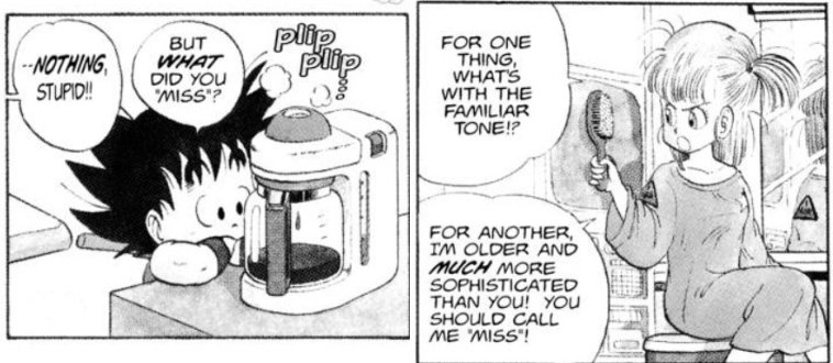 "When are you going to stop with calling me that 'omae' [familiar usage]?! I'm the oldest between the two of us, and thus your senior, so you will refer to me as 'Bulma-san'!""It's too hard to say, so no way.""How hard is it to say?!"