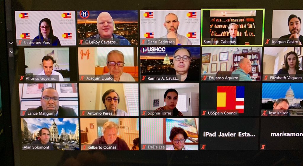 USHCC's tweet photo. The @USHCC & @RAConomics are proud members of the @USSpainCouncil. Today weβre #engaged in a conversation w Congressman @JoaquinCastrotx & Spanish Ambassador Santiago Cabanas to stand in solidarity w Spain as we work together to navigate #COVID19 economic crisis. #IntlBiz πͺπΈ πΊπΈ https://t.co/RBEqFeeyZM