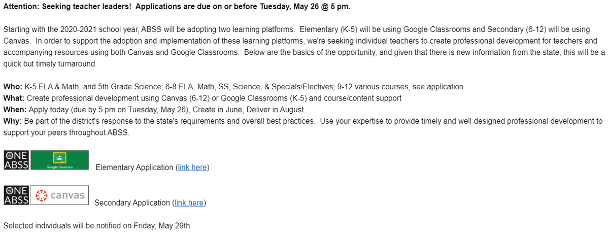 kboyd's tweet photo. Hey @ABSSPublic, @ABSSCurrPd is seeking teacher leaders in grades K-12 to help create digital content and PD to support blended learning! Apps are due NEXT TUESDAY, May 26 by 5:00. #keepthesynergygoing #inthistogether #novacayplansanyway @slack10_slack @rwood_rcoach @jbowles1979 https://t.co/Cgc70UwYZM