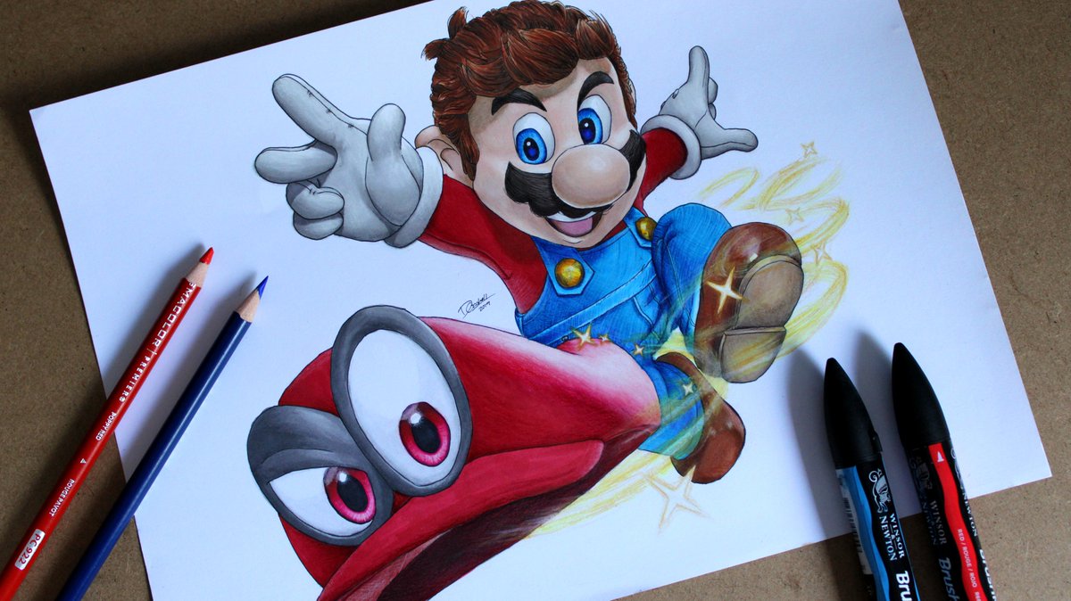 DinGazz_'s tweet photo. My Drawing of Mario and Cappy from Super Mario Odyssey.  loved this game and had a lot of fun using the brush markers for a more cartoon-ish character.
My Timelapse: https://t.co/jkq0A28XFT

#drawing #prismacolor #brushmarker #art #pencil #marker #fanart #Mario #SuperMarioOdyssey https://t.co/9KqeabJ8XX