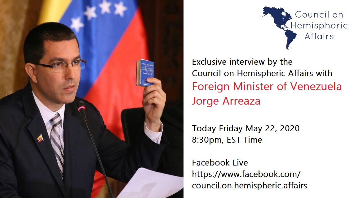 COHAofficial's tweet photo. Exclusive interview @COHAofficial to Foreign Minister of Venezuela Jorge Arreaza. Today Fri May 22 8:30pm EST Facebook Live https://t.co/4wrneoxOem
@alinaduarte_EN @frederickbmills @dannyshawcuny @danielmkovalik @RojoCamacaro @jaarreaza @carlosjronve @cancilleriave @mfavenezuela https://t.co/sF8Deet7ws