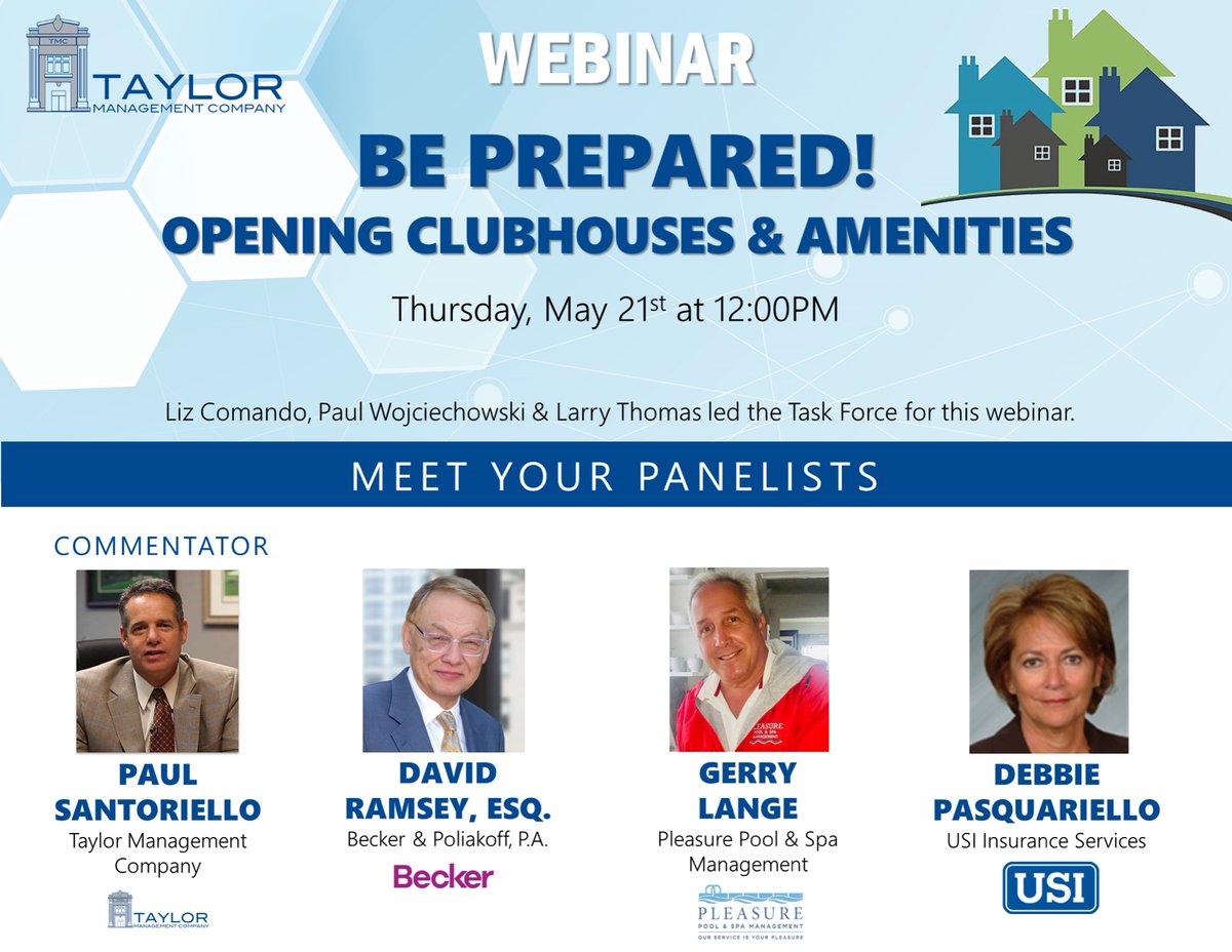 TaylorMgt's tweet photo. #TaylorManagement held an informative webinar with a panel of professionals discussing preparing to open community clubhouses & amenities? ‼️CHECK IT OUT: https://t.co/0QQCGgBV6J
@beckerpoliakoff #USIInsurance
#PleasurePoolandSpaManagement #safetyfirst #covid19 #cdcguidelines https://t.co/Cdm6MXXaHE