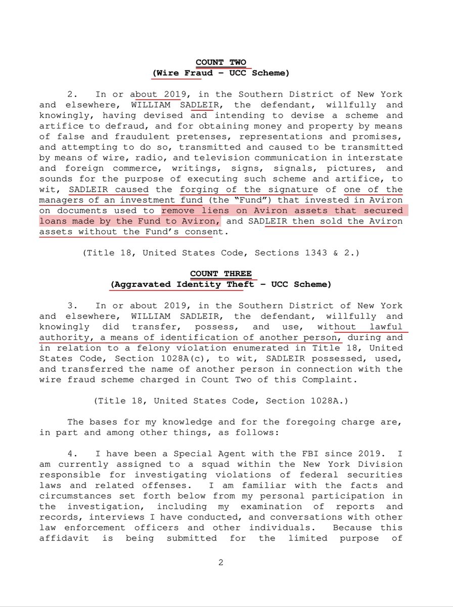 In the SDNY matter Sadlier was charged aura:Violations of 18 U.S.C. §§ 2, 1028A, and 1343 Wire Fraud Wire Fraud in UCC SchemeAggravated Identity TheftRemember “ALT” means I’ve embedded the link to the charging documents