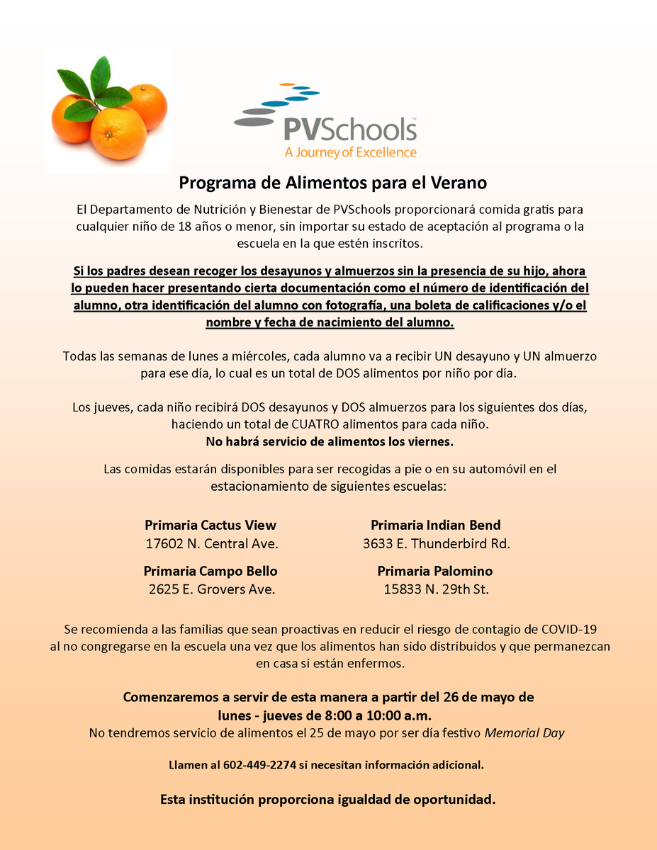 pvschools's tweet photo. Starting Tuesday, May 26, our meal services will transition to a Summer Meal Program. We will condense sites to four locations and there will be no distribution on Fridays (an additional meal will be served on Thursdays). See flyer for details. #PVSchoolsTogether https://t.co/kNAgYYiudH