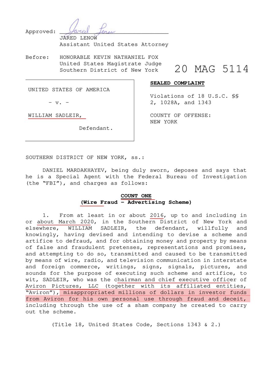 In the SDNY matter Sadlier was charged aura:Violations of 18 U.S.C. §§ 2, 1028A, and 1343 Wire Fraud Wire Fraud in UCC SchemeAggravated Identity TheftRemember “ALT” means I’ve embedded the link to the charging documents