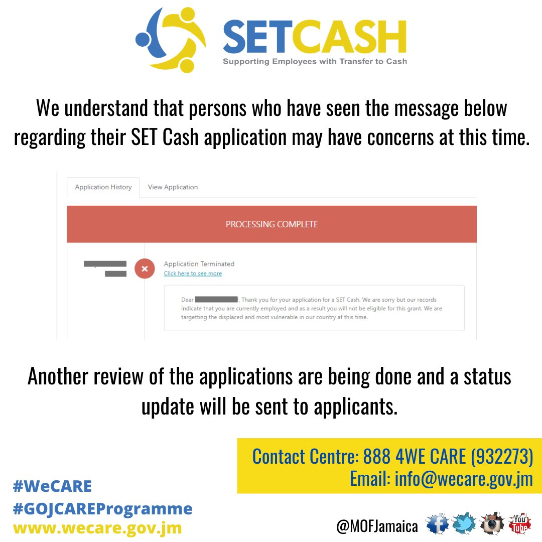 MOFJamaica's tweet photo. #GOJCAREProgramme #Update
SET Cash applicants please note

#WeCARE
@JamaicaTax @JISNews @rjrnews https://t.co/DV1EGJgino