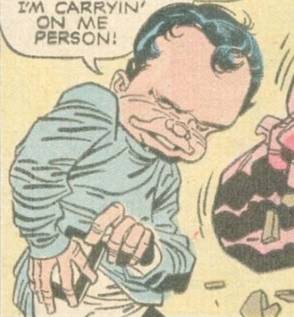 I’m baffled at how cute and childlike Kirby draws this monster compared to the actual child present who Kirby has drawn as this horrible rubbery Leisure Suit Larry-looking motherfucker