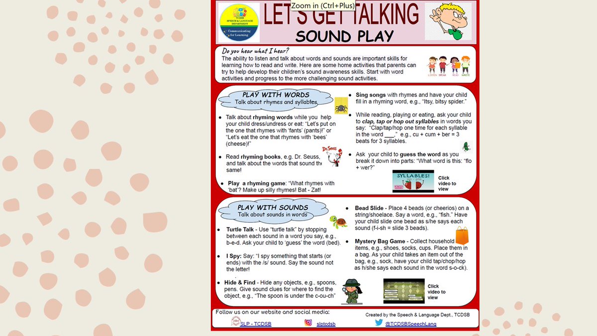 This week’s newsletter “Sound Play” provides tips and ideas to develop phonological awareness. These techniques will help promote and enrich language and literacy skills.
drive.google.com/file/d/1LtY_7e…
#slp #slpEY #tcdsbslp