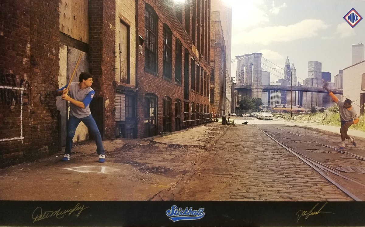 I've been chasing this vintage Nike poster for years — "Stickball" featuring Dale Murphy & Doc Gooden from 1985. It's rare, was never reprinted and thus very expensive online. Today, I found it, (signed by both!) at an antique mall for a very reasonable price. Quest complete!