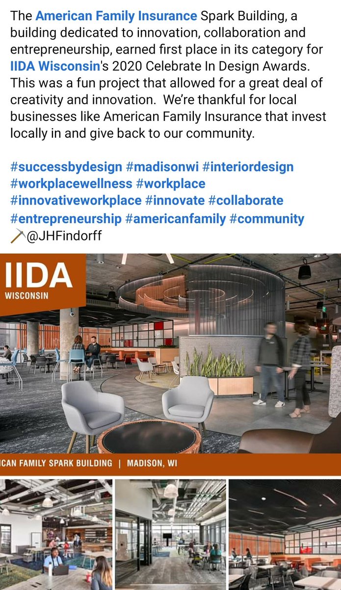shaynahetzel's tweet photo. @amfam Spark Bldg earned 1st place for Design! 🙌🏽 Proud to have worked on this inspiring and innovative project, grateful to work at a community-oriented, collaborative building like the #spark. Congrats teams! Potter Lawson. @EUA @findorff @AmFamInstitute https://t.co/4IZJsvI0gS