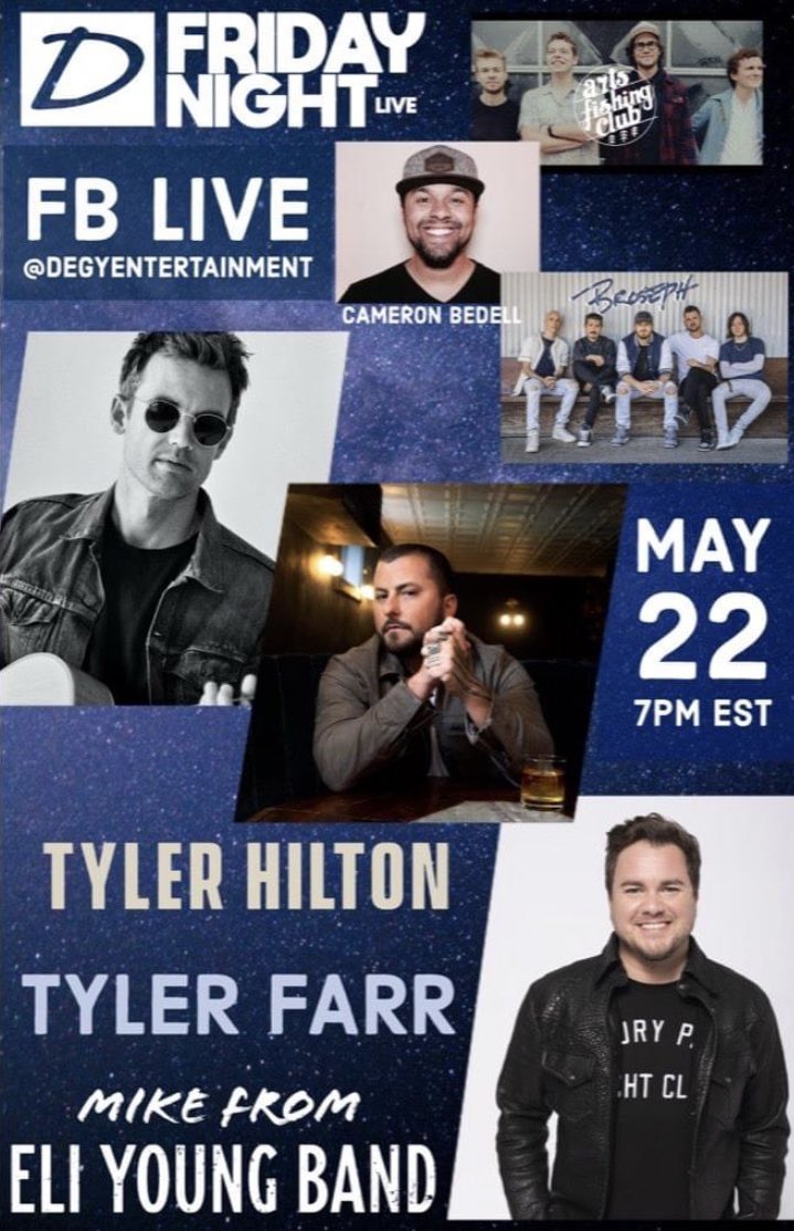 Broseph_Music's tweet photo. Going LIVE on FB tonight w/ @tylerfarr @EliYoungBand @TylerHilton @cameronbedell and @ArtsFishingClub !!! 🔥 Here’s a link to check it out!  

https://t.co/UII4055P9N https://t.co/D4QnaDvgUp