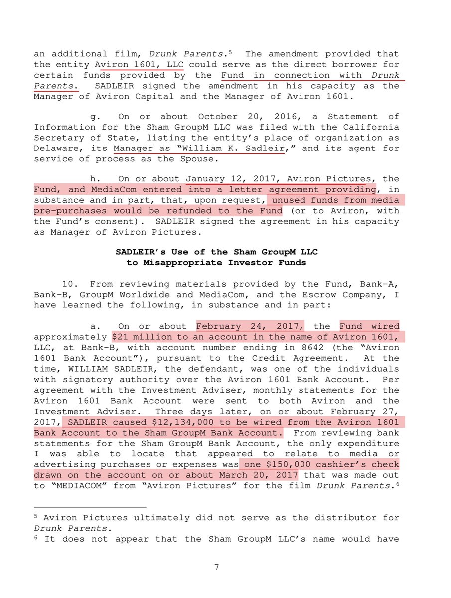 “SADLEIR...transferred funds for his personal benefit.. purchase a private residence in Beverly Hills fo $14M...SADLEIR then falsely represented to the Fund that Aviron had purchased an approximately $27M balance in pre-paid media credits with MediaCom” https://www.justice.gov/usao-sdny/press-release/file/1278501/download