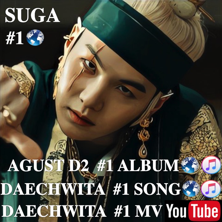 WORLDMUSICAWARD's tweet photo. #BTS's #Suga scores a Quadruple Global Crown, at #1 on the Global Digital Artist Rank with his new #AgustD2 at #1 on the Worldwide iTunes Album chart, its title Song #Daechwita at #1 on the #WorldwideiTunesSongChart &amp; its MV at #1 on the YT Counter!👊🥇👨‍🎤🥇💿🥇🎶🥇🎥🌎👑👑👑👑💜 https://t.co/2z0pSvpoiw