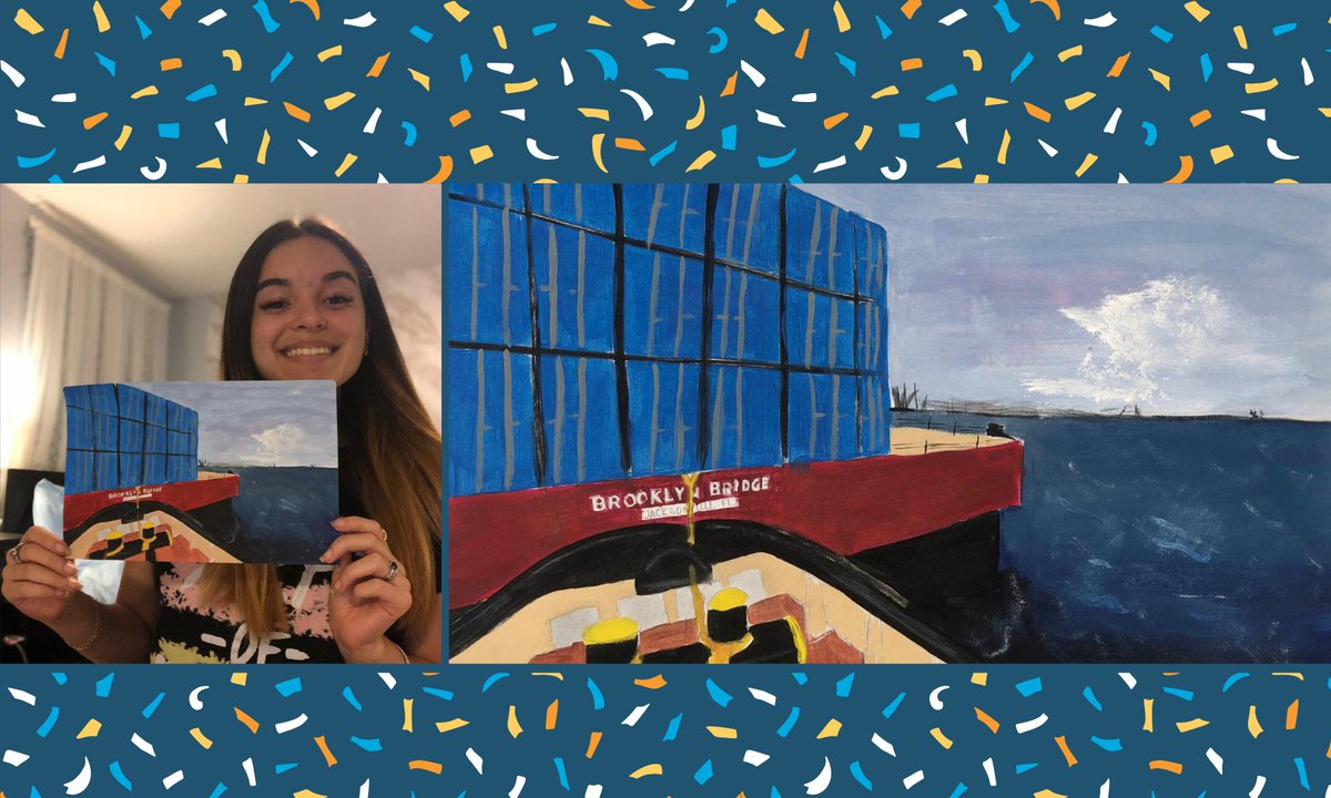 TrailerBridge's tweet photo. Happy #NationalMaritimeDay and congratulations to our TB family of artists who submitted their rendering of a #TrailerBridge #barge.  We are thankful to all the #mariners who work tirelessly to keep our #supplychain moving.  #ThankaMariner #TBArt 🎨 https://t.co/CIFzWyT6B9