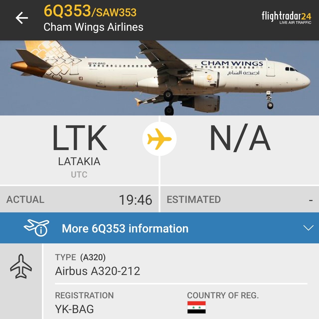 Gerjon_'s tweet photo. Another Cham Wings flight (#SAW353) is climbing out of 🇸🇾#Latakia/🇷🇺#Khmeimim. Destination is most likely 🇱🇾#Benghazi, #Libya but may be #AlKhadim Air Base too.
Experts suspect these flights may contain mercenaries and/or military equipment supporting the LNA. https://t.co/KxptjF0jcc