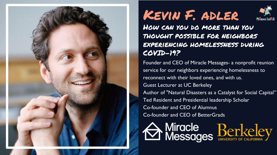 PyjamaTalks's tweet image. Tune in tonight for our #PJTalk with @kevinfadler. We&apos;re going to be talking about @MiracleMessages and how you can help neighbors experiencing homelessness during COVID-19.  See you at 6pm on FB (link in bio).