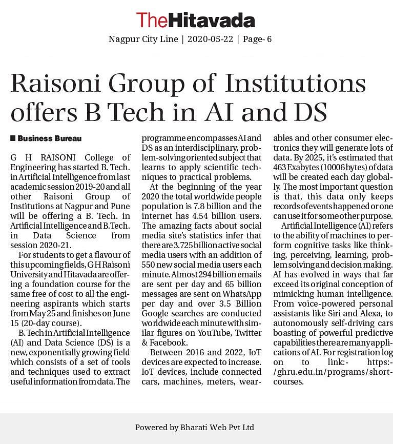 ghrce_nagpur's tweet photo. Raisoni Group of Institutions to offers free online courses for Standard XII appeared students, aspiring to take admissions in Engineering stream.
Course registration has started on the following link: https://t.co/5vphNVngba #engineeringeducation #engineering #raisonigroup https://t.co/a9EXNGHT9i