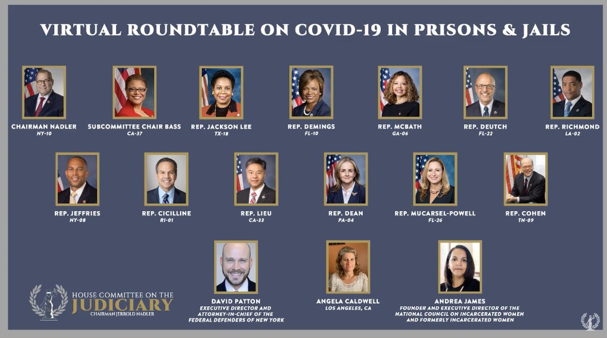 Screenshot of the roundtable shows a slide that says "Virtual roundtable on COVID-19 in prisons and jails" and shows the images and descriptions of roundtable participants, which includes members of the House Judiciary Committee and advocates.