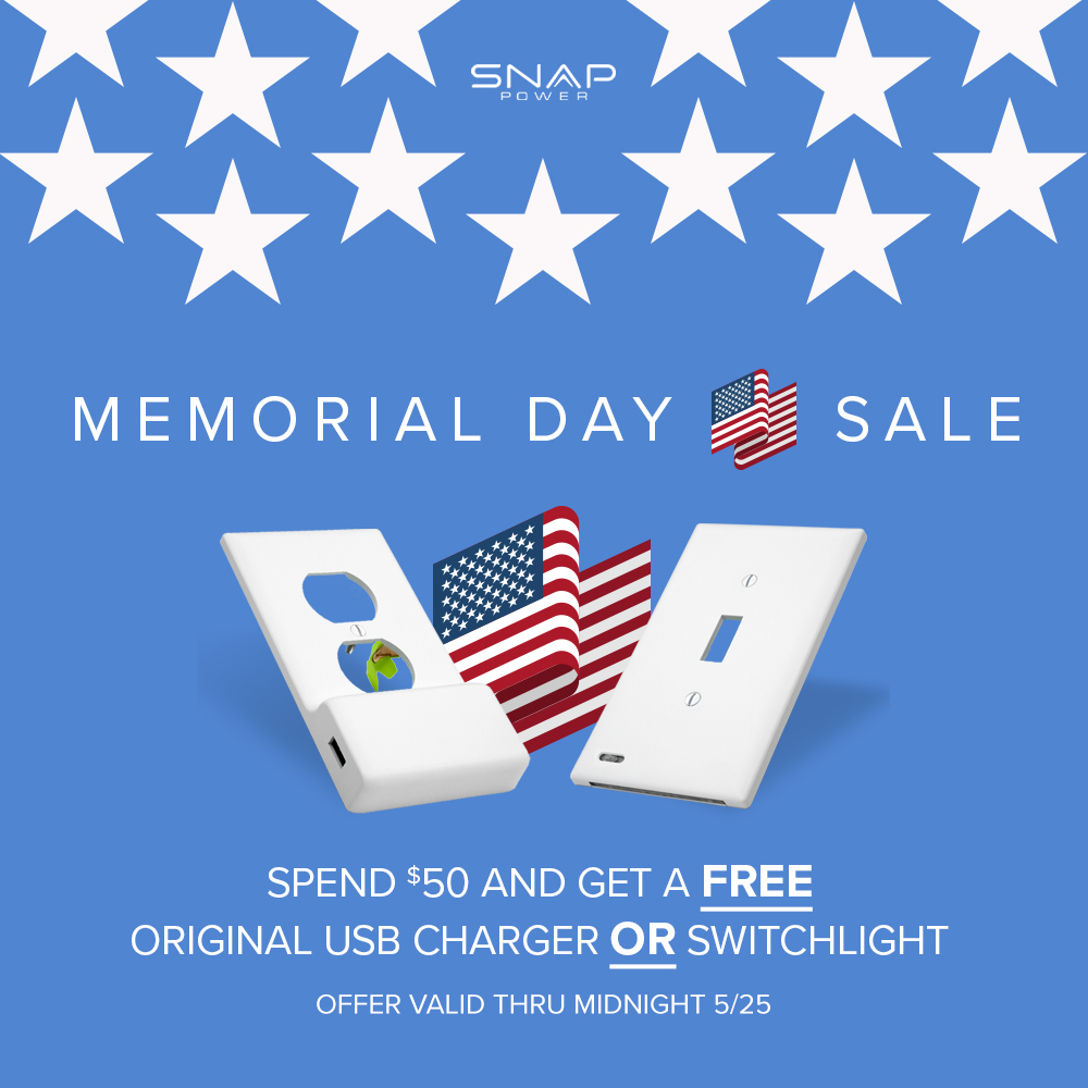 Snap_Power's tweet image. Happy Memorial Day to all of our SnapFriends! Through this long weekend, all orders over $50 on our site will receive a FREE USB Charger plate OR a SwitchLight plate. Come check them out!