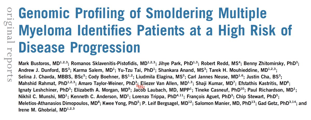 Finally, our paper on Genomic Profiling of Smoldering Multiple Myeloma is out  @JCO  @ASCO_pubs! A work that took more than 3 years but with amazing collaborations led to this large study on smoldering multiple myeloma  #SMM  #mmsm  https://ascopubs.org/doi/full/10.1200/JCO.20.00437#.XshAX-ORfn0