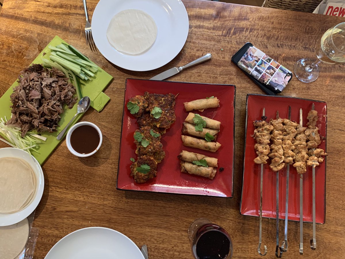 Homemade Thai “takeaway”. Chicken satay, prawn spring rolls, fish cakes and crispy duck. #ratemyplate