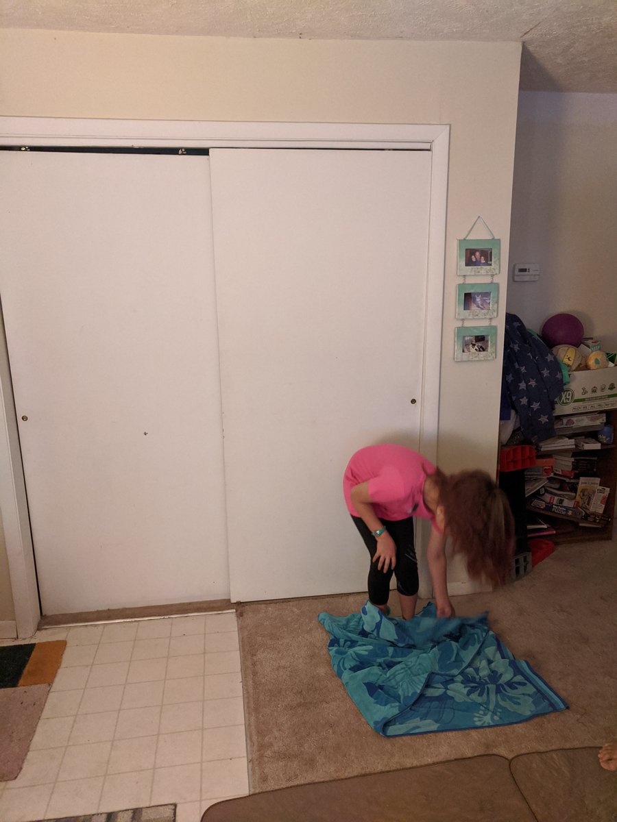 mrgeorgePE's tweet photo. Both Successful with the towel flip challenge.  Rascals, Wrigley, and Teddy all tried to get involved on my turn.  Gabby's strategy was a little better than mine.  #playblue #kenstoninspired  #bombersonlinetogether https://t.co/EfJ0sae6m2