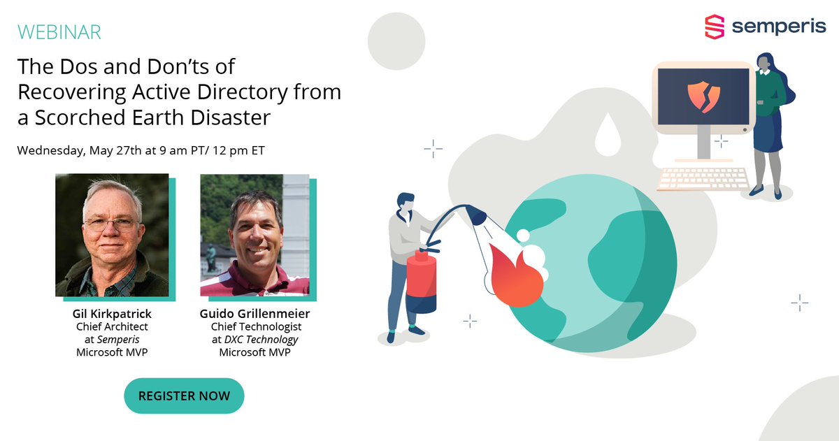 SemperisTech's tweet photo. What are the dos and donโts of recovering AD from a #cyberdisaster? @gkirkpatrick (Chief Architect at Semperis) and @GGrillen (Chief Technologist at @DXCTechnology), are sharing their expertise on May 27th at 12 pm ET.
Register Now: https://t.co/mhhFrxjEGe https://t.co/TL4DcWVQKt