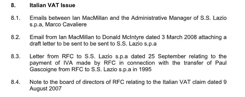 But as with all things Rangers and honesty, there is more.From the same data room index when RFC was for sale, it looks like they shafted the Italian taxman for VAT (IVA) for the transfer of Paul Gascoigne in 1995.
